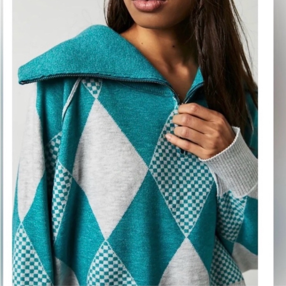 Free People Teal and Light Gray Argyle Half-Zip Sweater